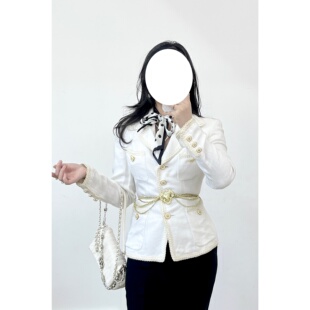 vintage古着昭和复古ROPE白色龙骨蕾丝亚克力花朵扣编织面料西装