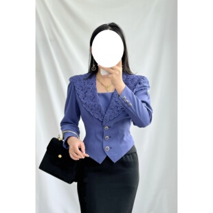 日产vintage古着昭和复古蓝紫色立体剪裁镂空蕾丝大翻领西装 外套