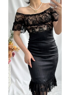 vintage古着miguelina轻熟性感真丝混纺精致睫毛蕾丝修身连衣裙女