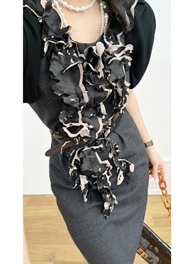 vintage古着优雅轻熟谭燕玉羊毛深灰色真丝立体木耳边漏肩连衣裙