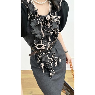 vintage古着优雅轻熟谭燕玉羊毛深灰色真丝立体木耳边漏肩连衣裙