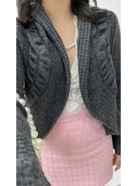 日本制优雅淑女灰色微喇袖褶皱弧形下摆vintage古着孤品针织开衫