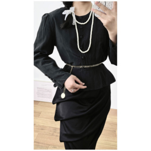 昭和复古黑色全真丝泡泡袖 女 亚克力玫瑰扣vintage古着孤品衬衫