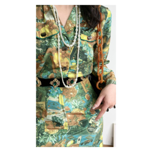 文艺复古绿色碎花平驳领异型扣长袖包臀vintage古着孤品连衣裙女