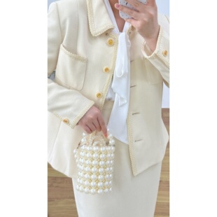 保存品法式 复古小香风杏色立裁亚克力花朵扣vintage古着两件套装