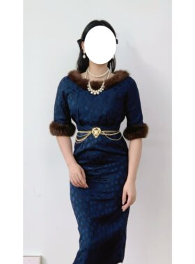 优雅兔毛边vintage古着连衣裙女