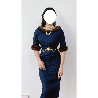 优雅兔毛边vintage古着连衣裙女