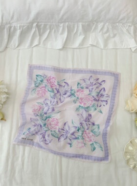中古复古森英惠紫色碎花方巾手帕