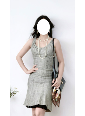 法式优雅复古灰色斜裁褶皱编制面料修身vintage古着孤品连衣裙女