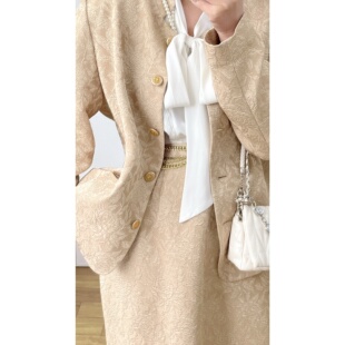 vintage古着昭和复古涤纶米色立体裁剪亚克力金扣分体玫瑰套裙女