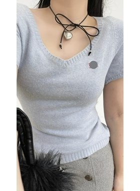 vintage古着简约百搭B*RB*R*Y蓝标浅蓝色螺纹收口弹力针织毛衣女