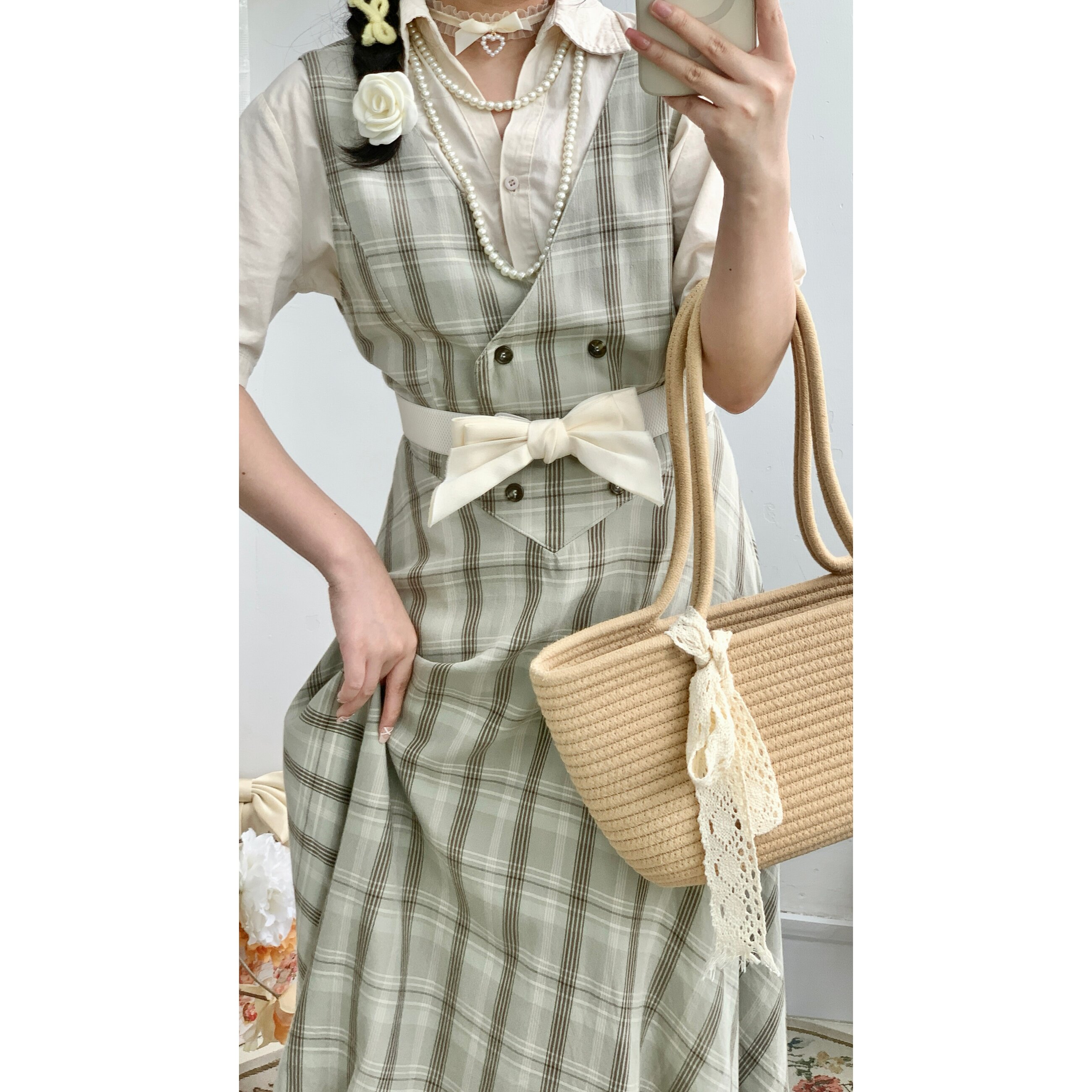 vintage古着文艺复古涤纶混纺格子印花背带双排扣假两件连衣裙女