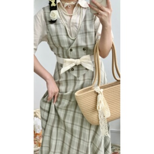 vintage古着文艺复古涤纶混纺格子印花背带双排扣假两件连衣裙女