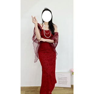 日本制vintage古着性感港风复古涤纶红色吊带花卉植绒修身连衣裙