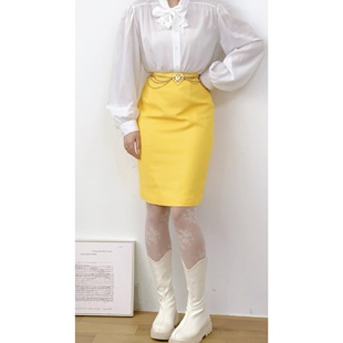 日本制vintage古着昭和复古全棉黄色立体剪裁修身 包臀连衣裙女