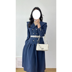 日产vintage古着昭和假两件三醋酸藏蓝色荷叶大翻领双排扣连衣裙