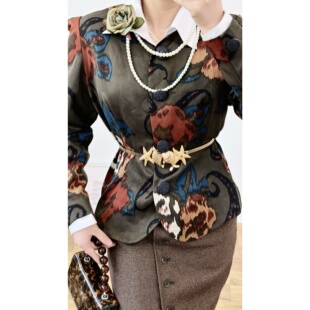 vintage古着复古轻熟GK伊太利屋涤纶深棕色印花亚克力立体扣外套