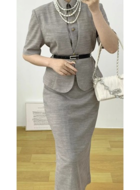 日本制禁欲英伦复古风涤纶灰色立裁分体vintage古着孤品套装套裙