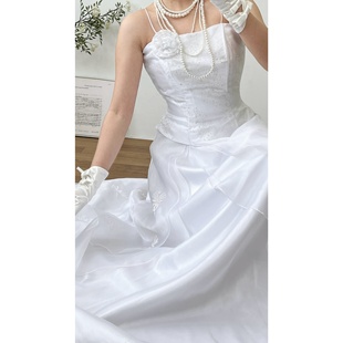 vintage古着法式仙女吊带假两件刺绣欧根纱三醋酸内衬礼服连衣裙