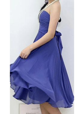 轻熟优雅蓝色缎带蝴蝶结褶皱A字大摆抹胸vintage古着孤品连衣裙女