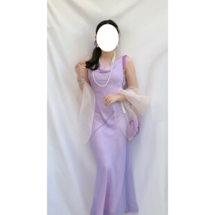 保存品vintage古着轻熟优雅涤纶紫色斜裁荡领珠光面料长款连衣裙