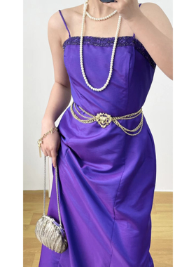 美产晚宴风蓝紫色刺绣珠光变色吊带vintage古着孤品晚礼服连衣裙