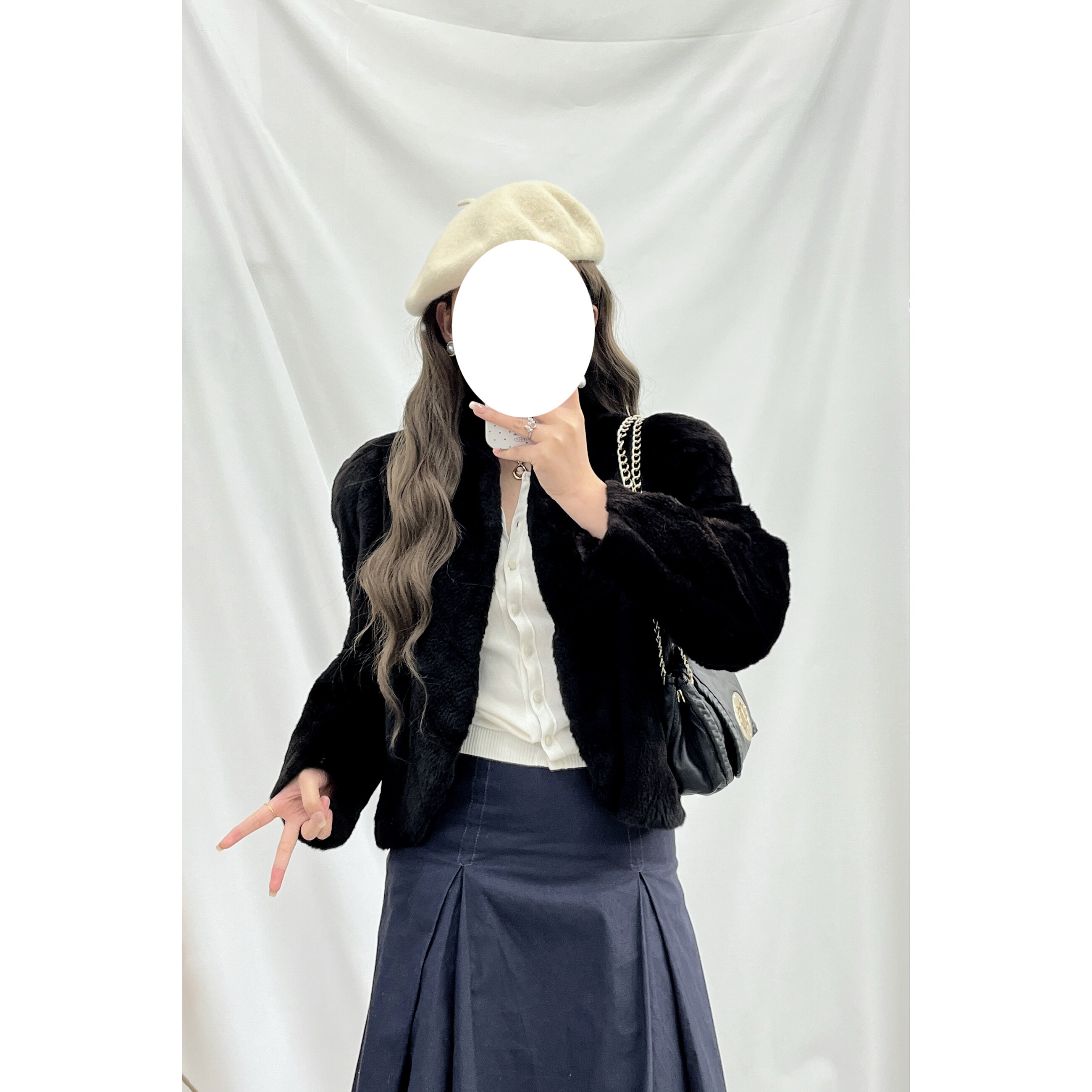 vintage中古EMBA认证简约百搭黑色交领短款水貂貂绒皮草外套女