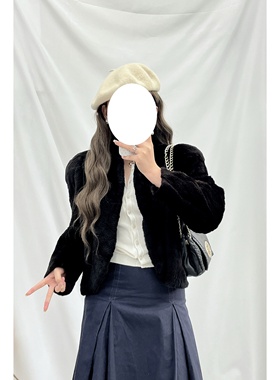 vintage中古EMBA认证简约百搭黑色交领短款水貂貂绒皮草外套女