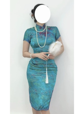 vintage古着文艺新中式改良人丝提花缎面织锦修身旗袍显瘦气质女