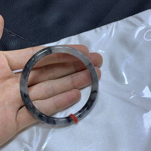 冰乌鸡翡翠手镯55-56半山半水水墨画国风天然缅甸翡翠手镯