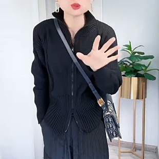 开衫 褶皱设计感针织线衫 宽松显瘦洋气双头拉链短款 新款 女 2025冬季