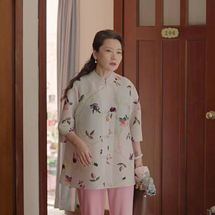 何赛飞同款国风元素女衬衫米白色外套褶皱工艺新中式大码上衣妈妈