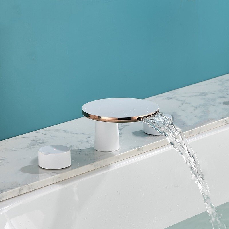 德国汉斯全铜白色三孔分体瀑布面盆龙头缸边五件套装浴缸花洒家用