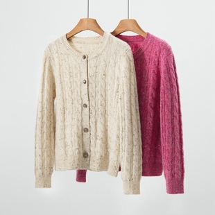 100%山羊绒点子纱麻花开衫女圆领加厚针织衫温柔气质外套慵懒风