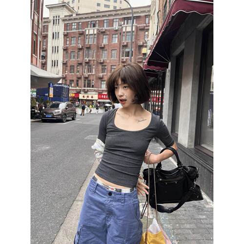 现货EVISTUB美式复古基础五分袖u领正肩短袖女夏季新款百搭上衣