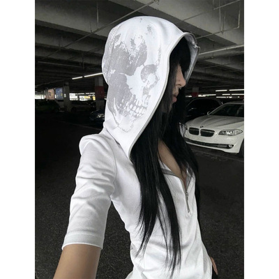 现货速发noE骷髅印花修身连帽设计感拳击Y2K正肩中袖短袖T恤上衣