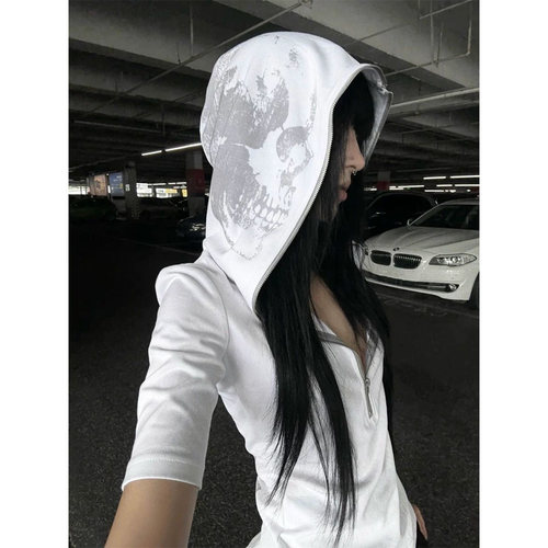 现货速发noE骷髅印花修身连帽设计感拳击Y2K正肩中袖短袖T恤上衣