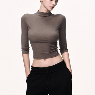 JLAUNT 天丝咖色t恤女秋季修身打底半高领七分袖体恤短款辣妹上衣
