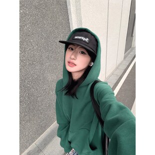 美式复古墨绿色连帽套头卫衣女2026秋季慵懒外套宽松百搭长袖上衣