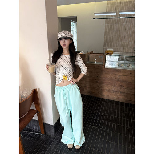 CrushOnt’薄荷冰淇淋‘ins蓝绿直筒休闲长裤宽松阔腿懒人卫裤女