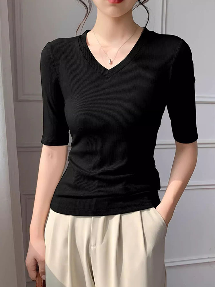 纯棉短袖T恤女2025新款春秋薄款简约黑色时尚V领五分袖打底衫上衣