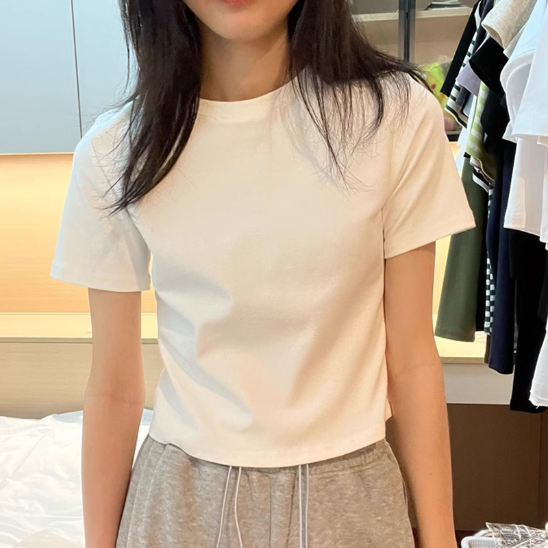 春夏白色短款圆领女修身正肩打底辣妹短装上衣2025年春季修身亲肤