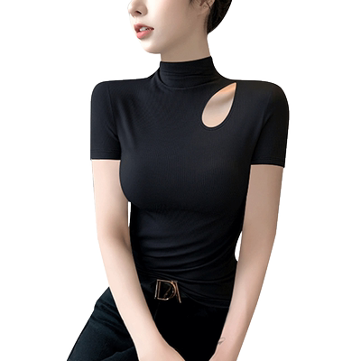 正肩短袖t恤女半高领修身