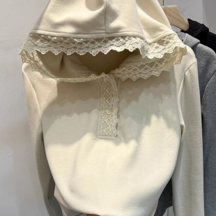 长袖 拼接蕾丝边连帽衫 T恤女磨毛卫衣洋气上衣 轻奢2025秋新款 法式
