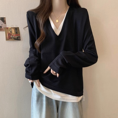 针织衫女大码假两件V领长袖胖MM