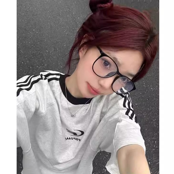 潮牌美式复古三条杠女款短袖T恤