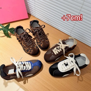 豹纹内增高德训鞋女秋季系带厚底百搭休闲运动鞋小个子阿甘鞋单鞋