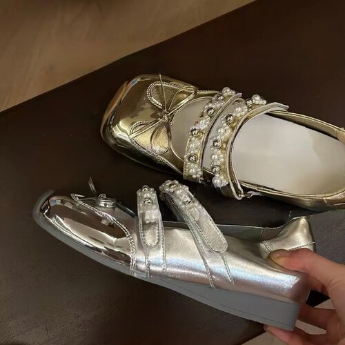 金属感美学芭蕾风玛丽珍鞋女夏内增高新款休闲德训鞋银色珍珠单鞋