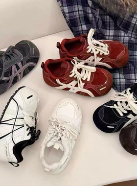 德训鞋女红色春季新款内增高圆头休闲运动阿甘鞋软底显脚小泡芙鞋