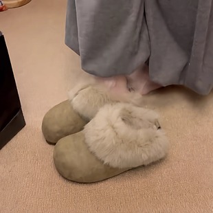 一脚蹬棉鞋 厚底加绒保暖拖鞋 女真兔毛外穿冬季 毛毛包头足弓勃肯鞋
